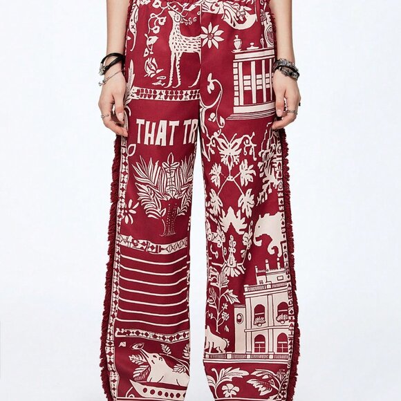 Multicolor Casual Women's Exotic Style Printed Tassel Baggy Pants - Picture 2 of 6